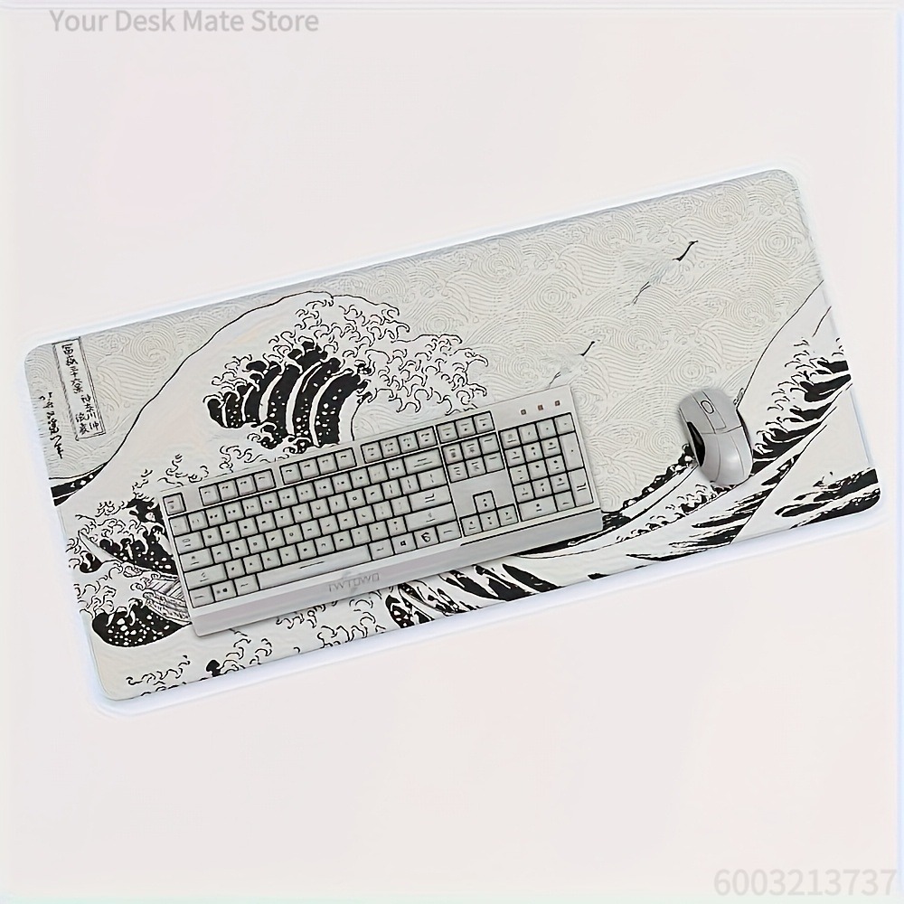Desk Setup Pc And Laptop - Zwart-witte Wave Art XXL bureaumat |