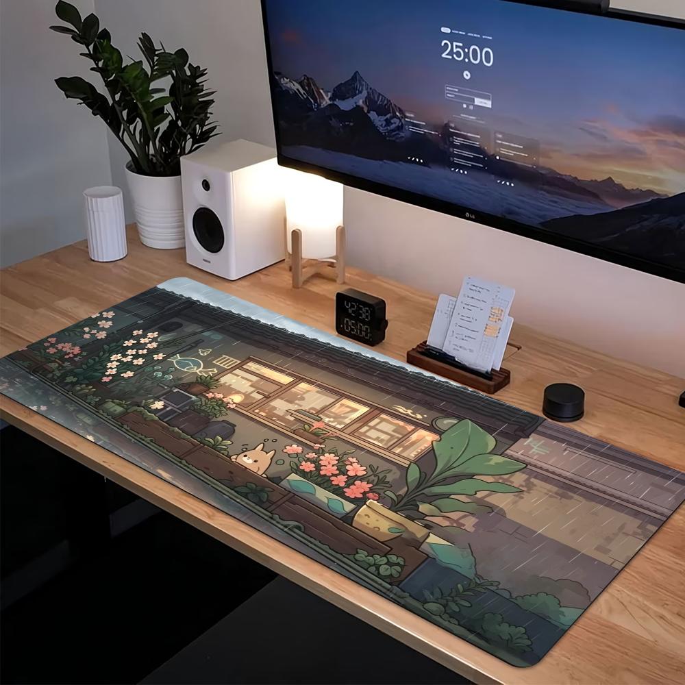 Desk Setup Pc And Laptop - Cosy Anime Street Extended Gaming Muismat